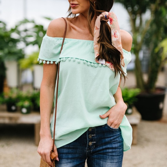 FINAL SALE❗️Penelope Pom Pom Off Shoulder Top Mint - Picture 3 of 8